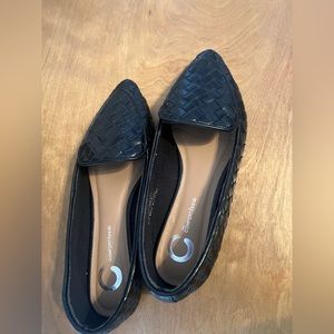 Black woven loafer flats